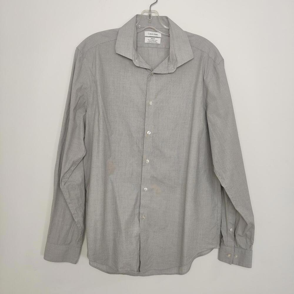 Calvin Klein Steel+ Slim Fit Wrinkle Free Dress Shirt Gray Stripe 16.5 34/35